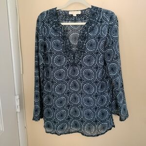 Michael Kors Embroidered Blue Sheer Tunic Blouse M Vacation Travel Boho Chic